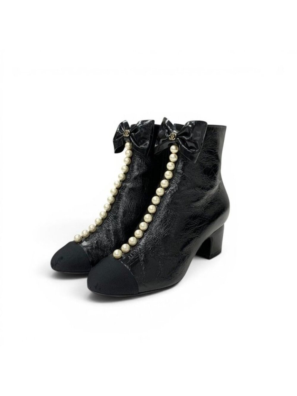 Chanel Boots Short Shoes Leather Fabric Black CC Logo Ribbon Pearl Crinkle